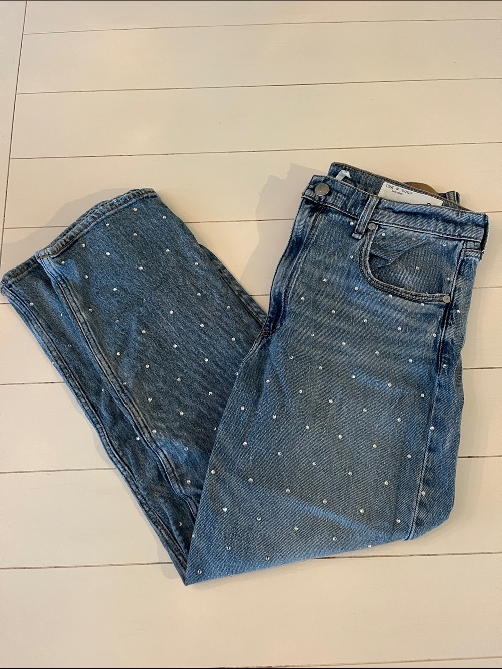 rag & bone Blue Straight-Leg Jeans with rhinestone Dots